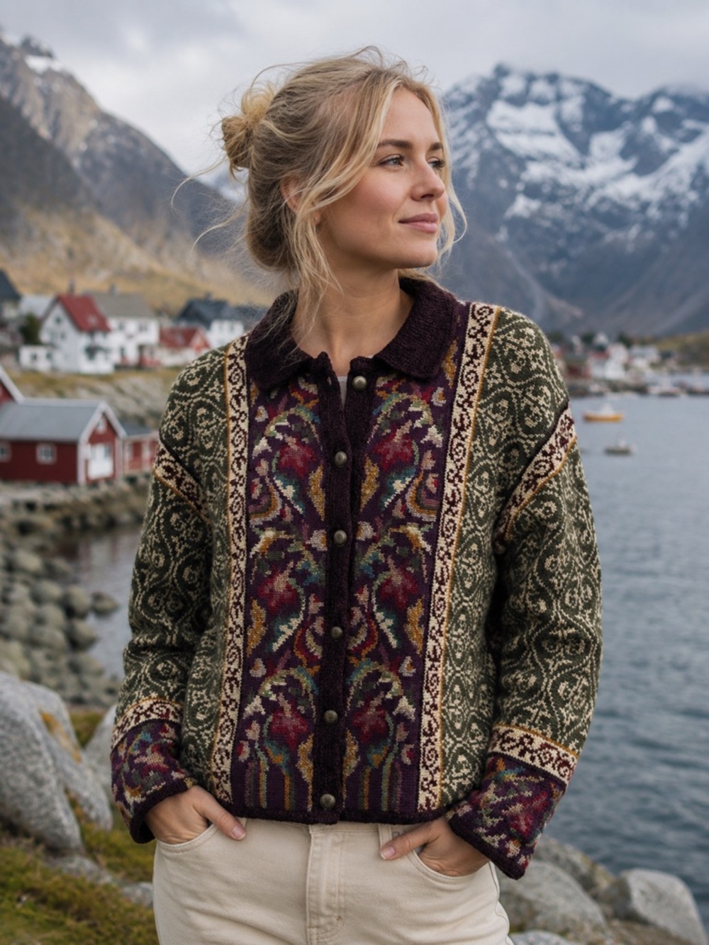 Vintage Icelandic Design Nordic Fair Isle Wool Cardigan Sweater M Lined